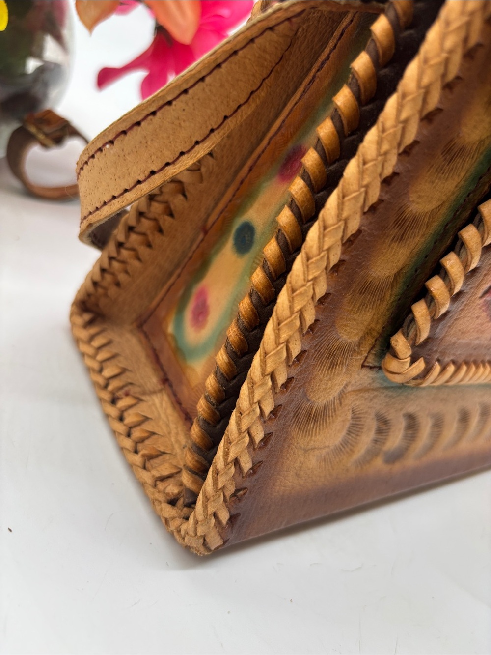 Vintage Mexican Hand-Tooled Floral Leather Crossbody Bag - Tan Multicolor Floral - Picture 13 of 14